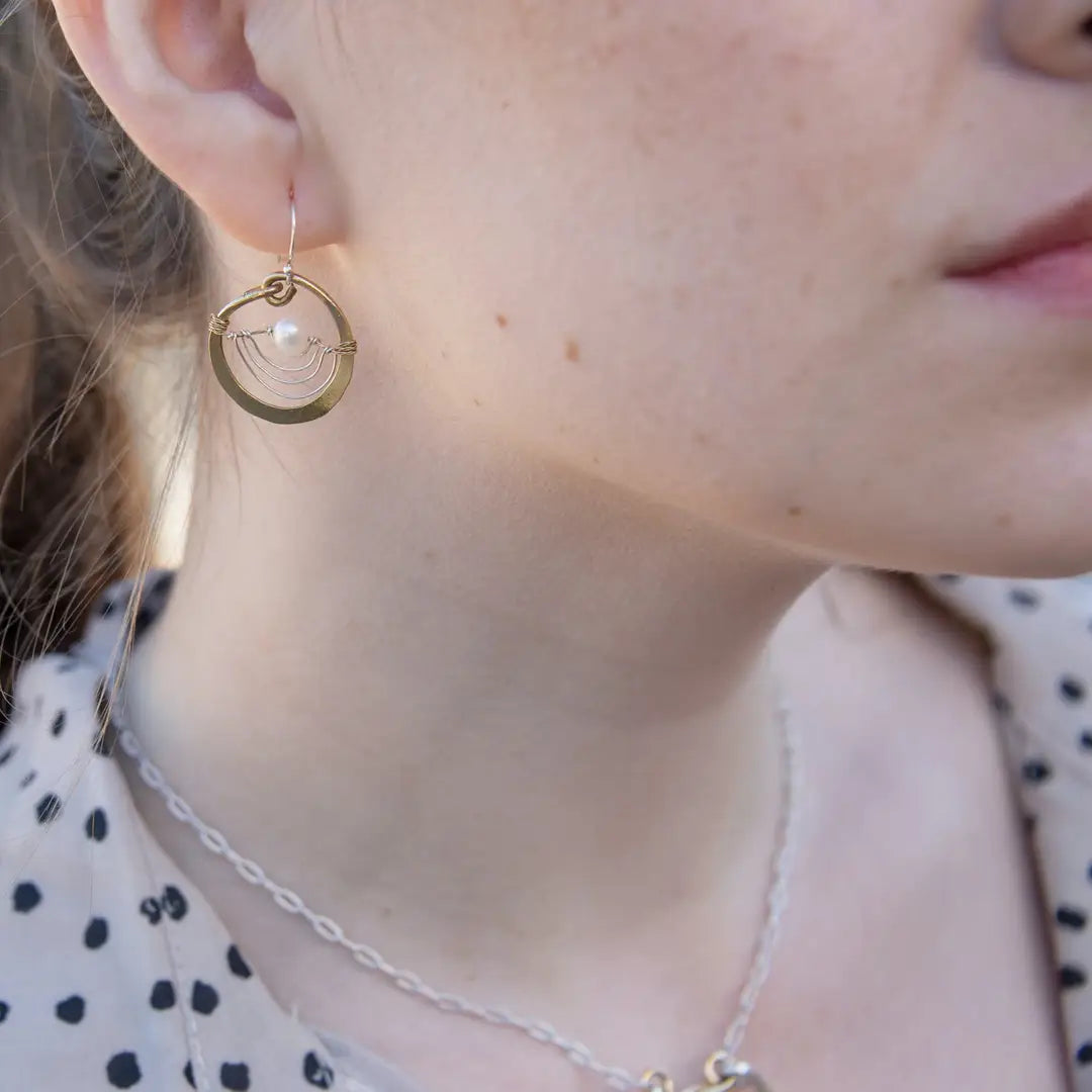 Handmade hammered brass mini hoops with fresh water pearls held in sterling silver and brass twist wires