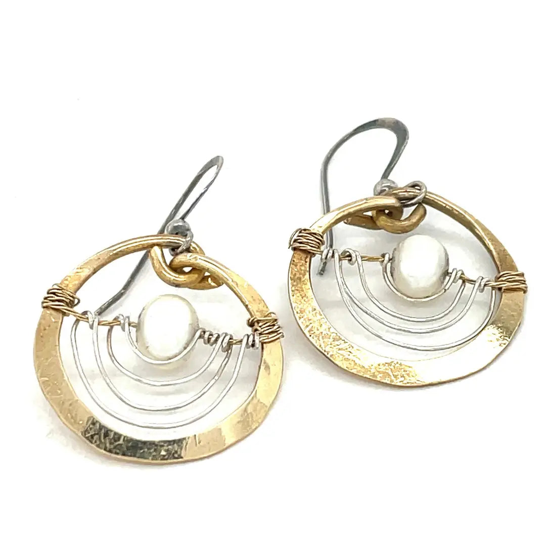 Handmade hammered brass mini hoops with fresh water pearls held in sterling silver and brass twist wires