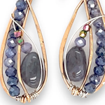 Mini bronze infinity earrings beaded with smooth iolite nuggets, moonstone and crystal on sterling silver wire