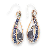 Mini bronze infinity earrings beaded with smooth iolite nuggets, moonstone and crystal on sterling silver wire