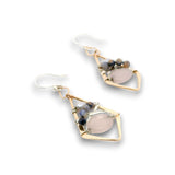 Bronze diamond earrings with rose quartz oval, sodalite, and silver fresh water pearls on sterling silver wire