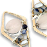 Bronze diamond earrings with rose quartz oval, sodalite, and silver fresh water pearls on sterling silver wire