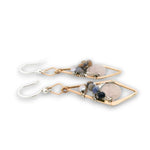 Bronze diamond earrings with rose quartz oval, sodalite, and silver fresh water pearls on sterling silver wire