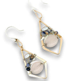 Bronze diamond earrings with rose quartz oval, sodalite, and silver fresh water pearls on sterling silver wire