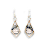Bronze diamond earrings with rose quartz oval, sodalite, and silver fresh water pearls on sterling silver wire