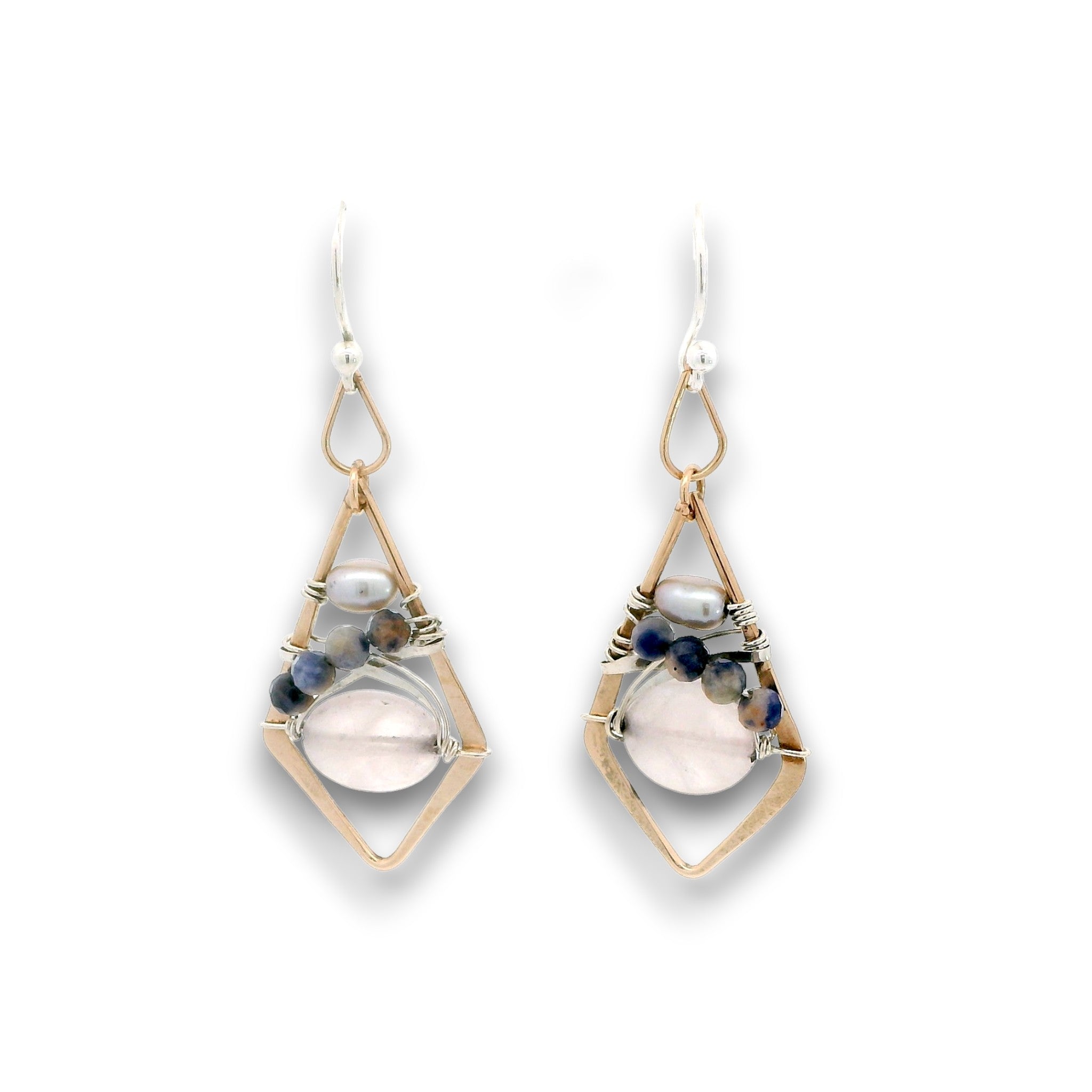 Bronze diamond earrings with rose quartz oval, sodalite, and silver fresh water pearls on sterling silver wire