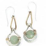 Pair of earrings with green jade gemstones and gold accents on a white background