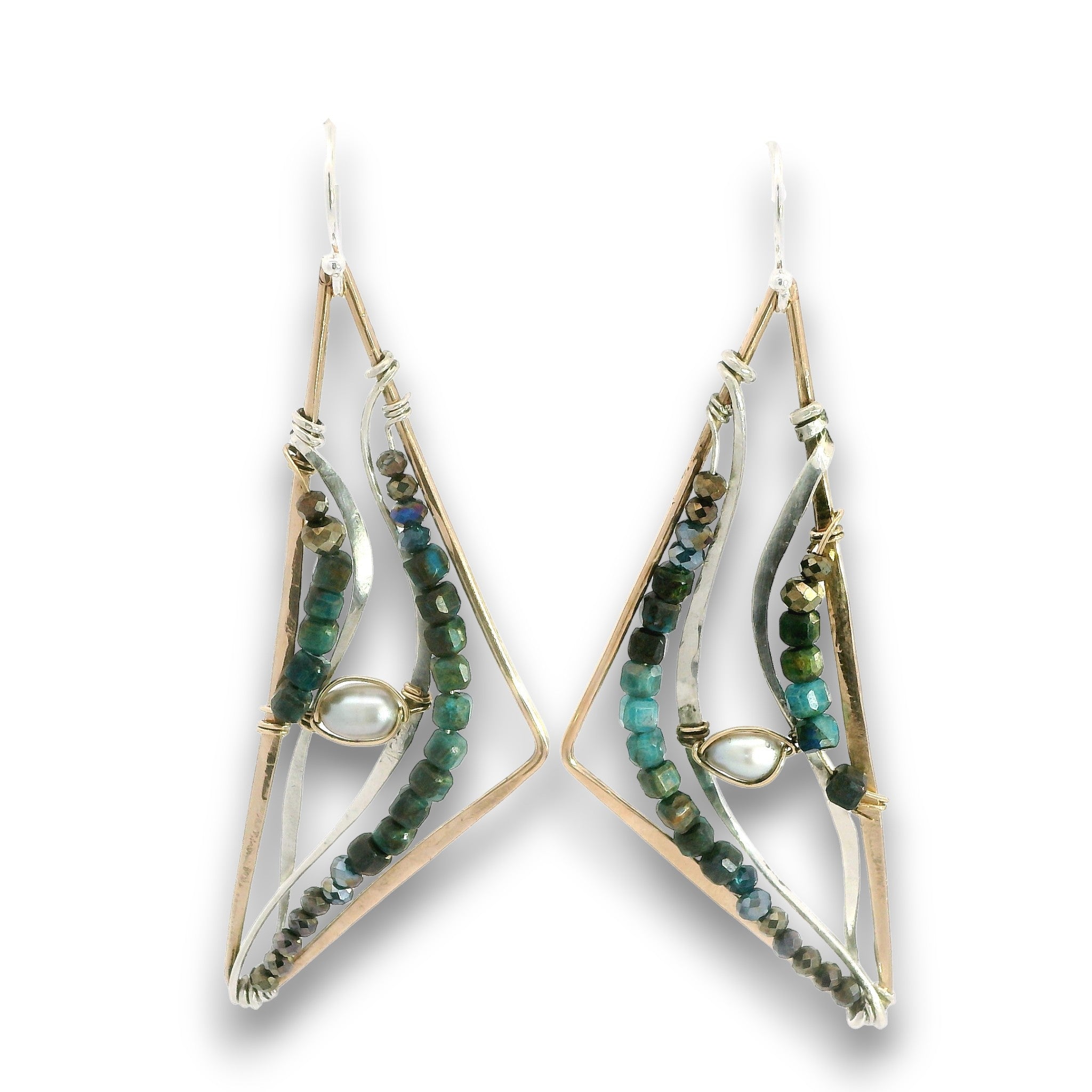 A pair of handmade geometric dangle earrings featuring gold and silver wire frames, clear glass channels, and strands of green and blue beads, shown against a plain white background.