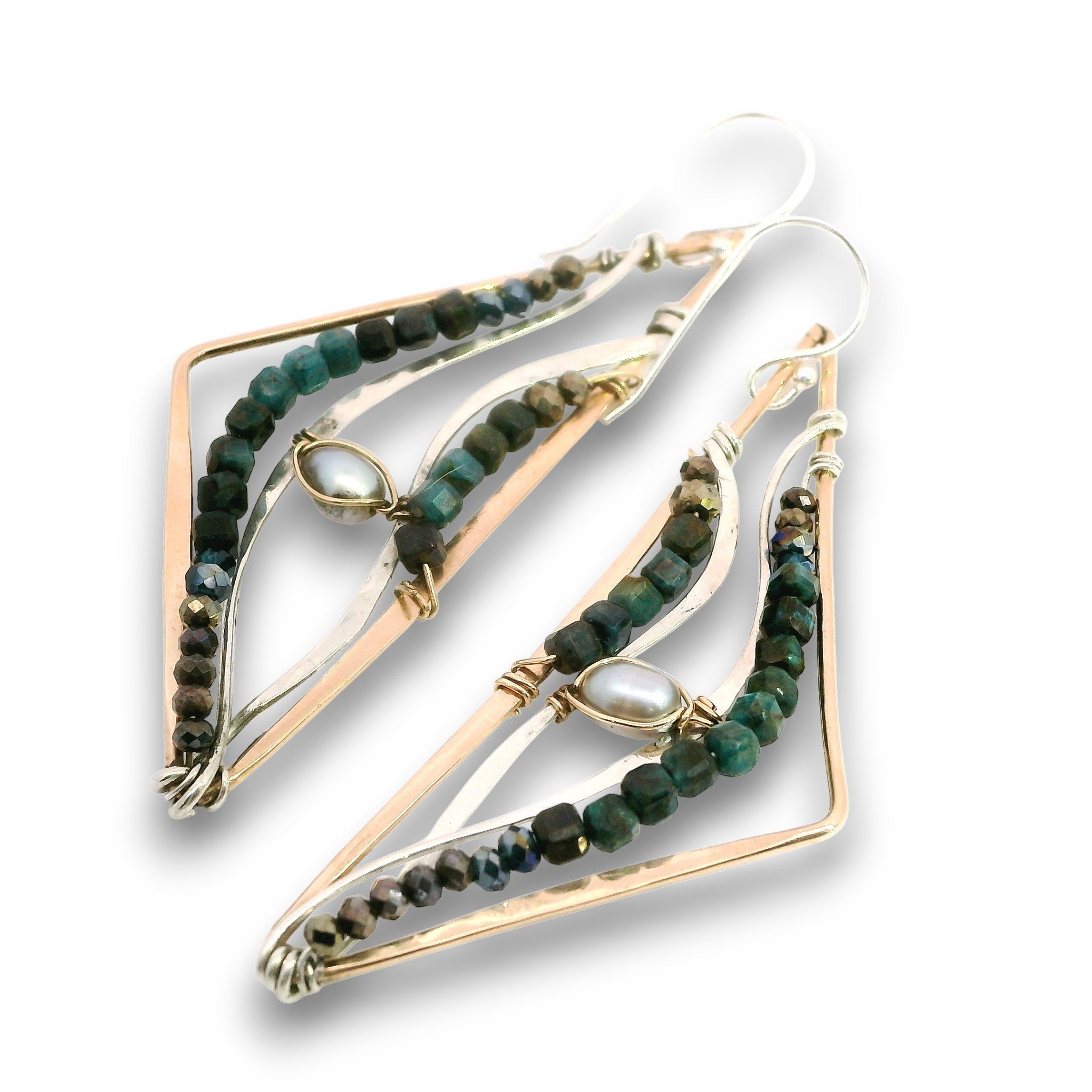 A pair of handmade geometric dangle earrings featuring triangular gold-plated wire frames, lined with dark green and black faceted beads, and accented with a small white pearl and a central gold bezel setting.