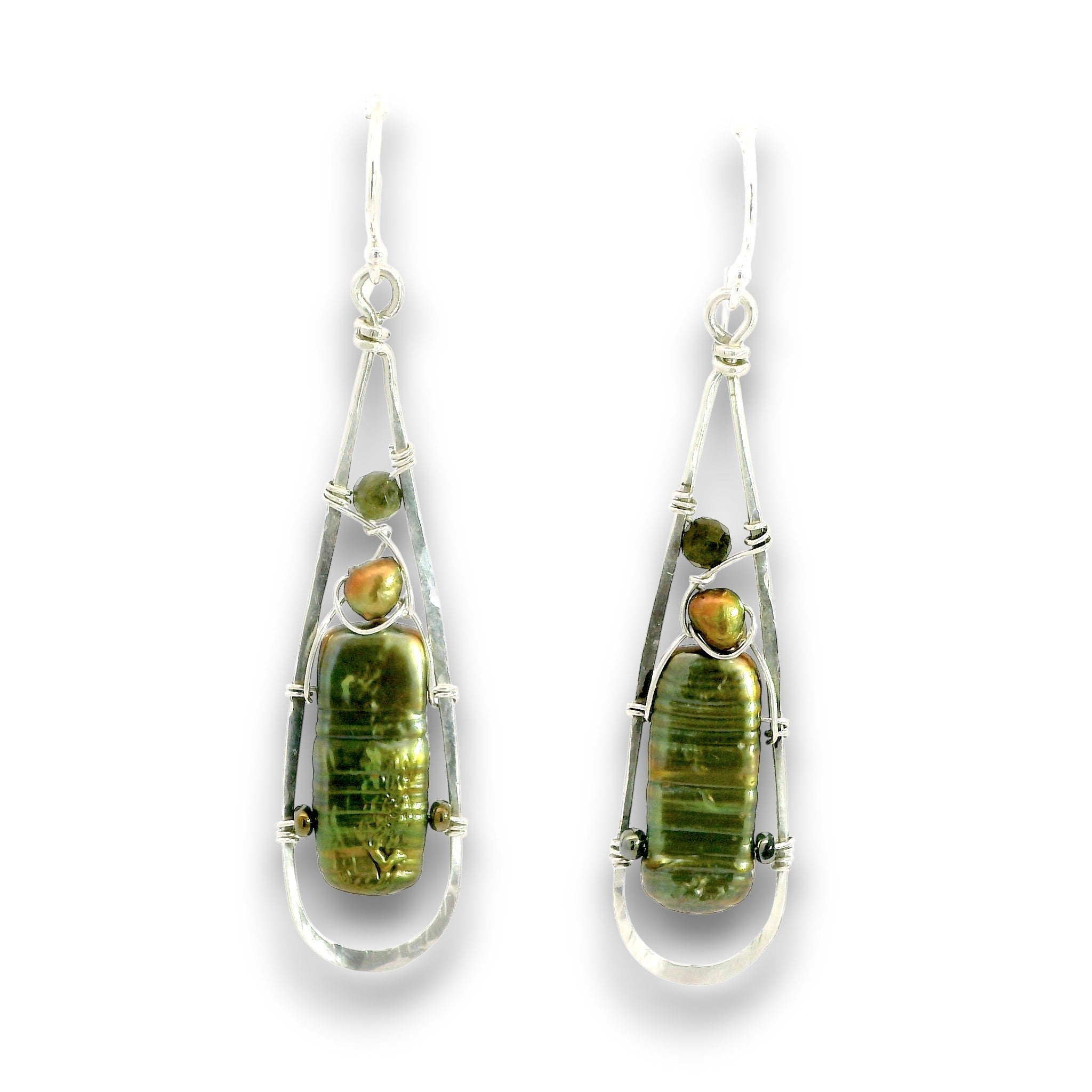 A pair of teardrop-shaped dangle earrings featuring green baroque gemstone inlays set in silver wire frames with small iridescent orange-green beads, shown against a plain white background.