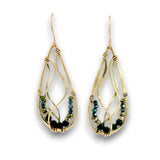 A pair of gold teardrop dangle earrings with intricate wire wrapping and small dark green faceted beads, shown on a plain white background.