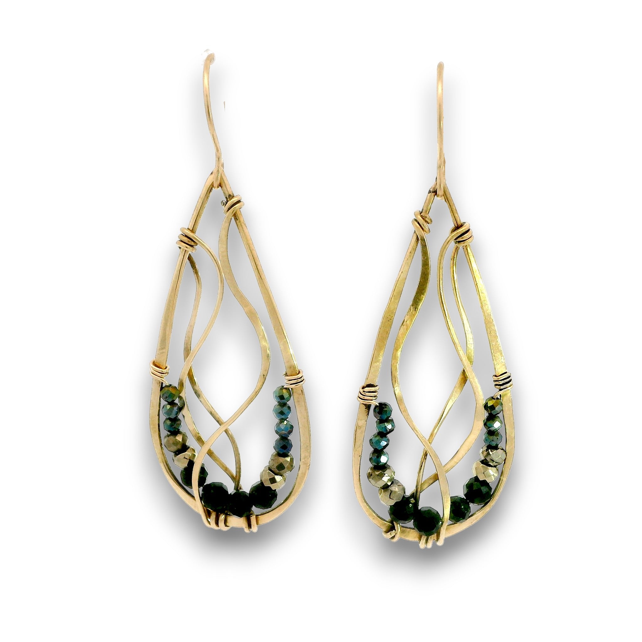 A pair of gold teardrop dangle earrings with intricate wire wrapping and small dark green faceted beads, shown on a plain white background.