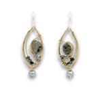 A pair of gold and silver wire-wrapped dangle earrings featuring gray agate stones and small white freshwater pearls, shown against a plain white background.