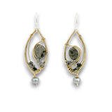 A pair of gold and silver wire-wrapped dangle earrings featuring gray agate stones and small white freshwater pearls, shown against a plain white background.