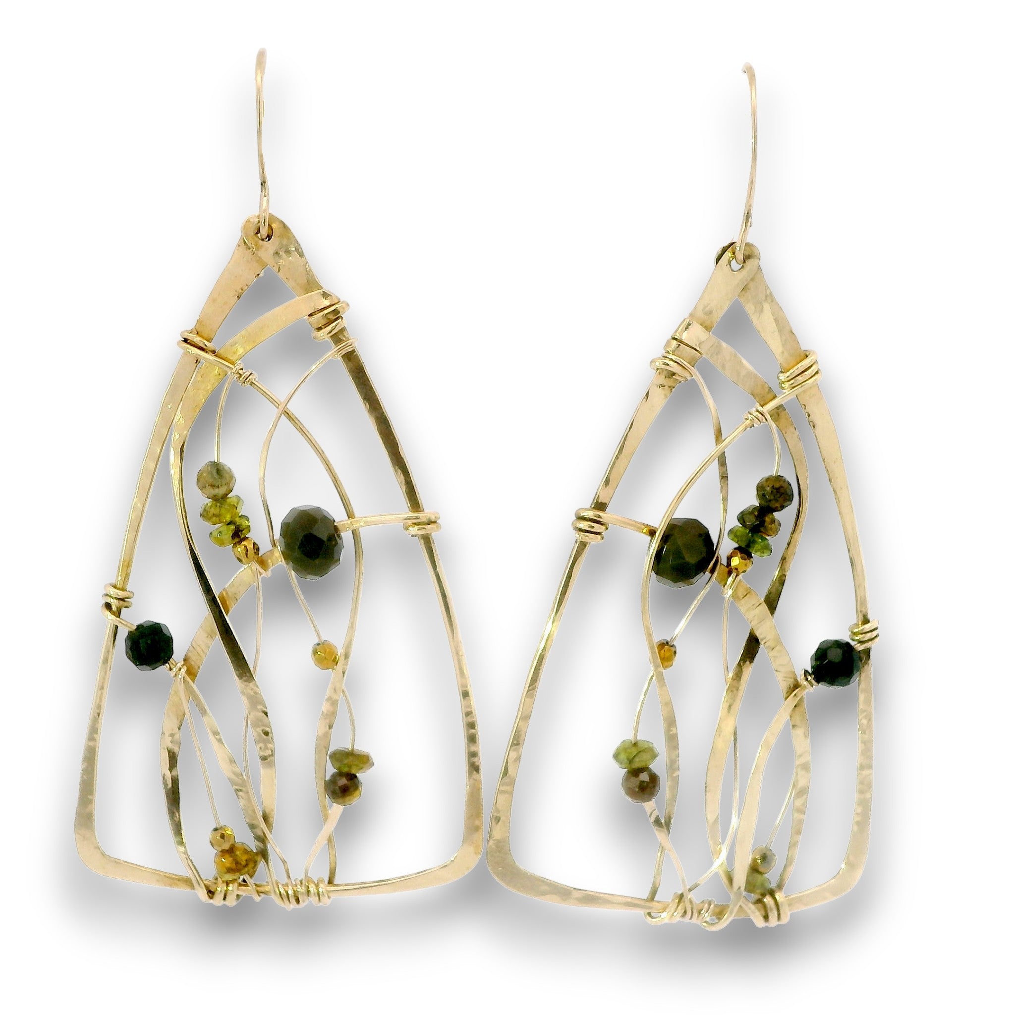 A pair of gold geometric dangle earrings with thin wire frames and small dark green and olive bead accents, shown against a plain white background.