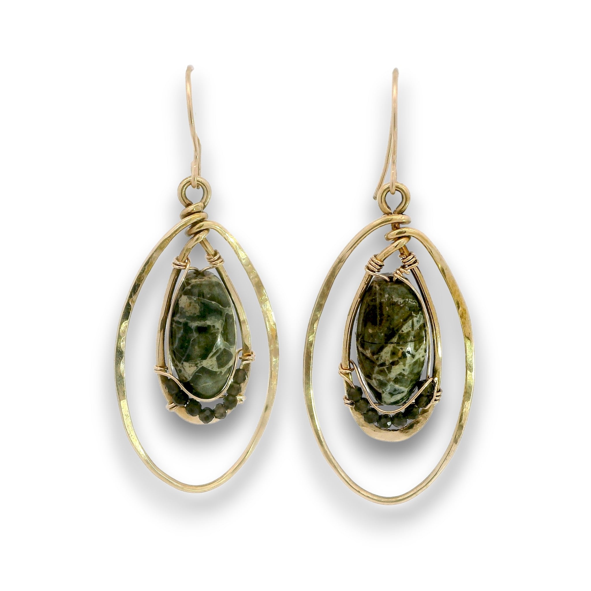 A pair of gold drop earrings featuring organic-shaped gold wire frames and oval hoops, each holding a teardrop-shaped green marbled stone, shown on a white background.