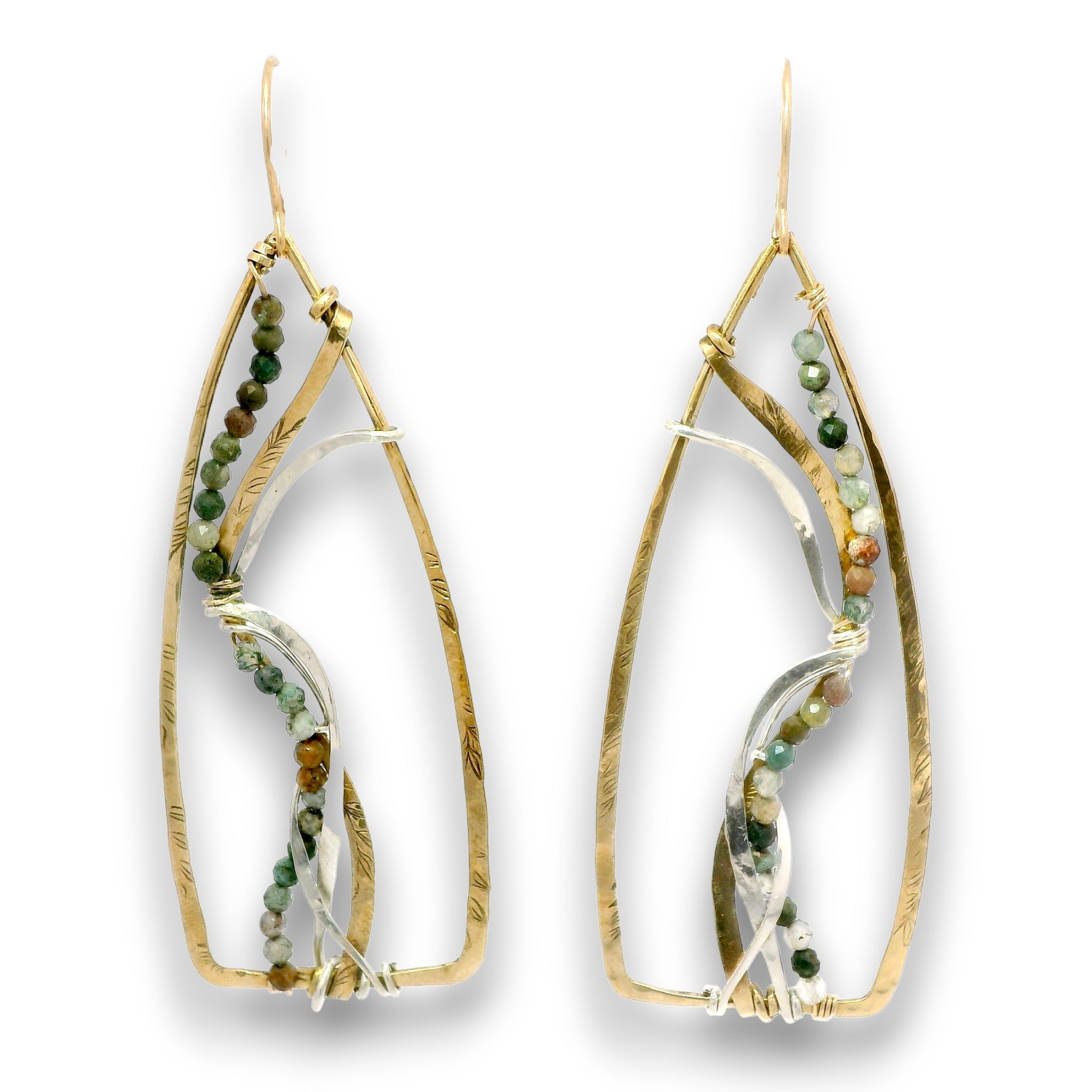 A pair of gold-tone dangle earrings with organic, open teardrop-shaped wire frames, featuring twisted clear fiber and small green, white, and brown bead strands, shown on a white background.