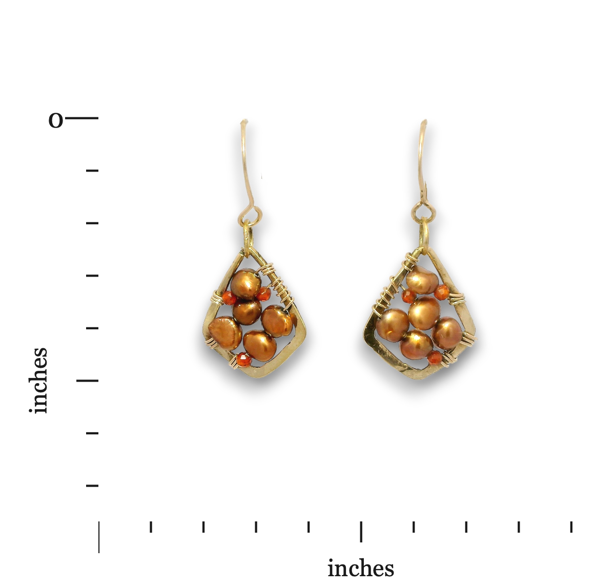 A pair of gold-toned drop earrings with clustered brown and orange faux pearl beads, shown on a white background with a vertical inch ruler on the left and an inch scale at the bottom for size reference.