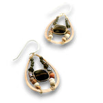 A pair of teardrop-shaped dangle earrings with a gold-tone frame, dark brown and black stone centers, and multi-colored wooden beads, shown on a white background.
