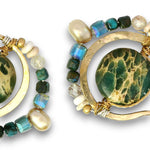 Close-up of a gold-toned jewelry piece with a large green marbled stone centerpiece, surrounded by faceted teal beads, iridescent pearls, and small metallic beads on a white background.