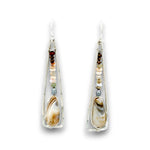 A pair of long teardrop-shaped dangling earrings with silver-toned metal frames, small multicolored beads, and a large iridescent shell bead at the bottom, shown on a plain white background.