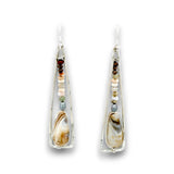 A pair of long teardrop-shaped dangling earrings with silver-toned metal frames, small multicolored beads, and a large iridescent shell bead at the bottom, shown on a plain white background.