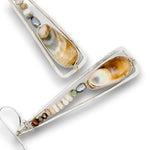A pair of silver-toned dangle earrings featuring large teardrop-shaped natural shell inlays and small polished seed beads along the side, shown on a white background.