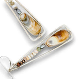 A pair of silver-toned dangle earrings featuring large teardrop-shaped natural shell inlays and small polished seed beads along the side, shown on a white background.
