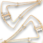 Gold-toned geometric wireframe earrings with small white bead accents, shown on a clean white background.