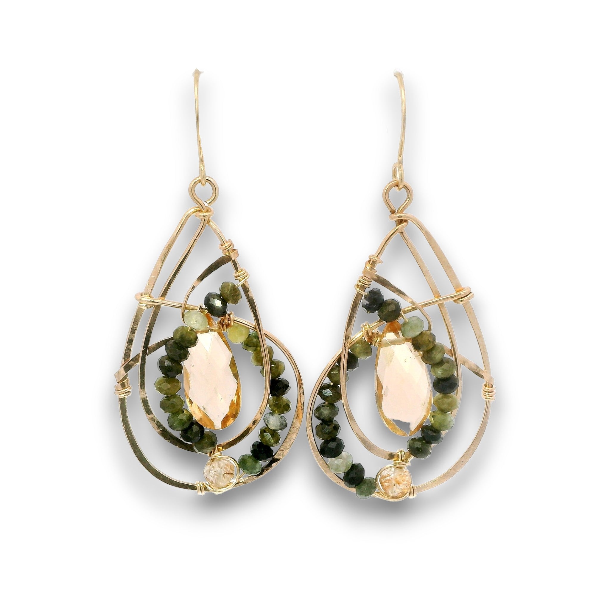 A pair of gold teardrop dangle earrings featuring faceted green beads and a central pale pinkish-gold oval stone, shown on a white background.