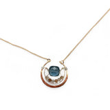 bronze circular pendant with sterling silver accents, london blue quartz square and rutilated quartz gemstones on gold filled chain necklace