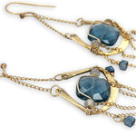 brass cup and gold filled chain chandelier earrings with london blue quartz tiles, rutilated quartz gemstones, and blue metallic mini cube cyrstals