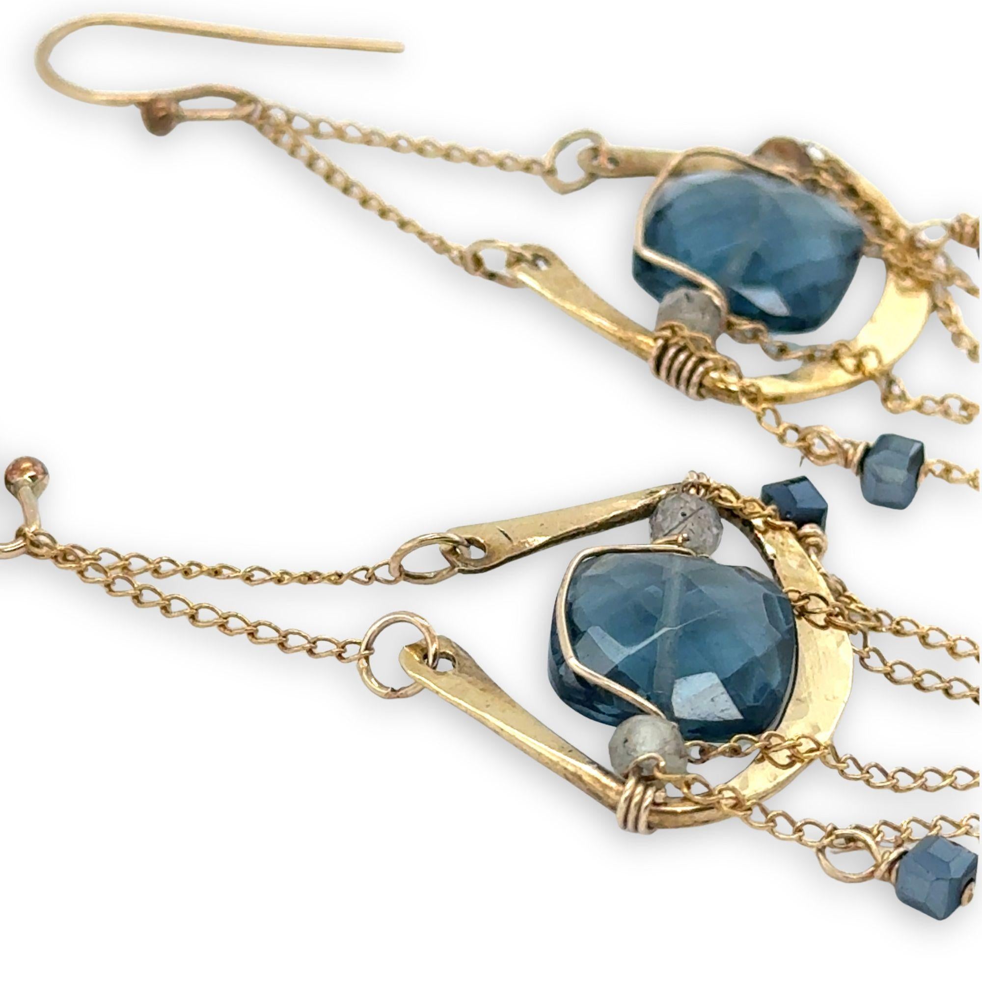brass cup and gold filled chain chandelier earrings with london blue quartz tiles, rutilated quartz gemstones, and blue metallic mini cube cyrstals