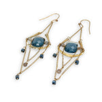 brass cup and gold filled chain chandelier earrings with london blue quartz tiles, rutilated quartz gemstones, and blue metallic mini cube cyrstals
