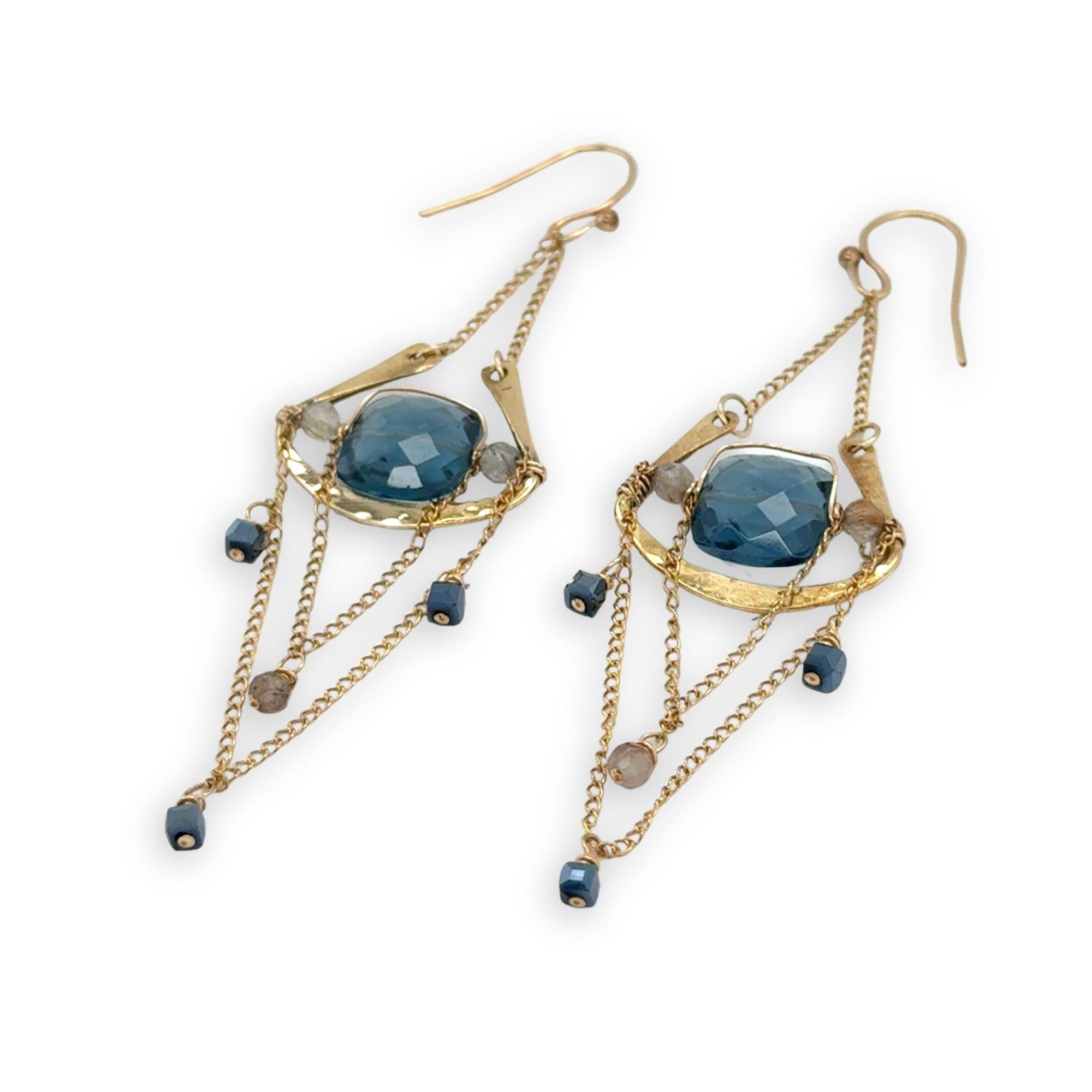 brass cup and gold filled chain chandelier earrings with london blue quartz tiles, rutilated quartz gemstones, and blue metallic mini cube cyrstals