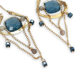 brass cup and gold filled chain chandelier earrings with london blue quartz tiles, rutilated quartz gemstones, and blue metallic mini cube cyrstals