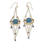 brass cup and gold filled chain chandelier earrings with london blue quartz tiles, rutilated quartz gemstones, and blue metallic mini cube cyrstals