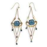 brass cup and gold filled chain chandelier earrings with london blue quartz tiles, rutilated quartz gemstones, and blue metallic mini cube cyrstals
