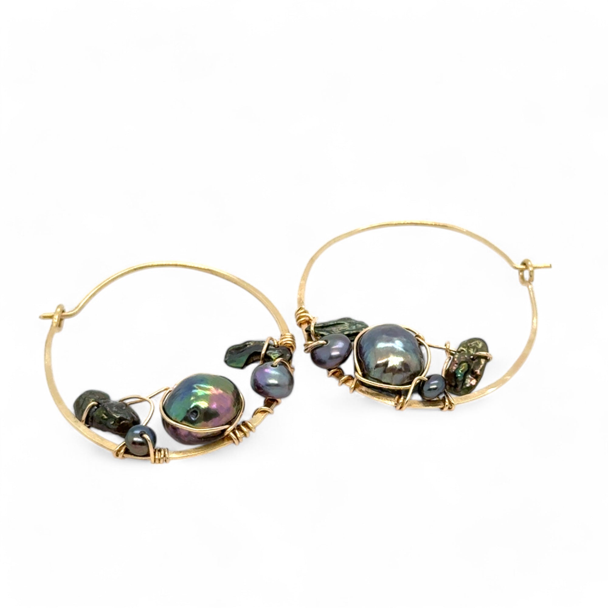 Olive and purple color fresh water pearl collection woven into a gold filled handmade hoop earring