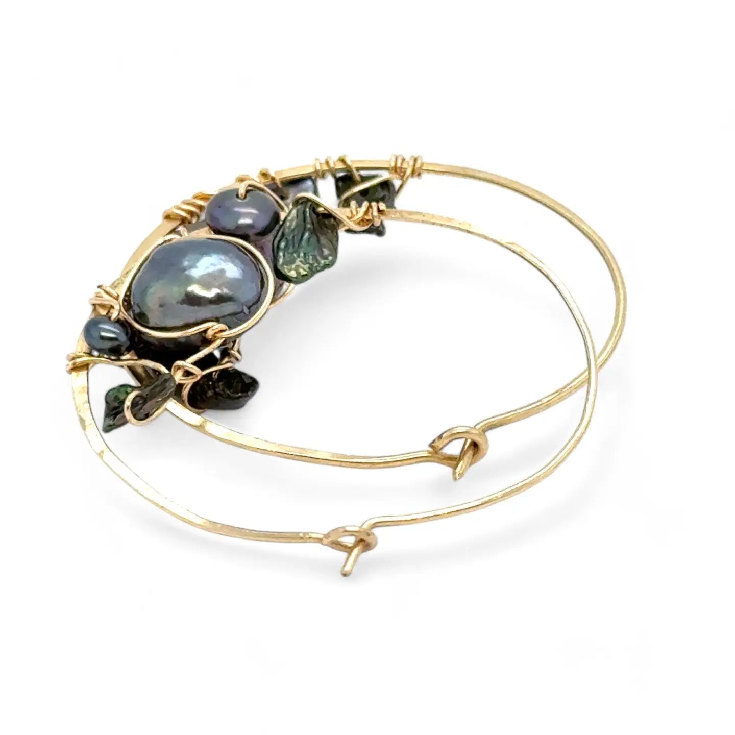 Olive and purple color fresh water pearl collection woven into a gold filled handmade hoop earring