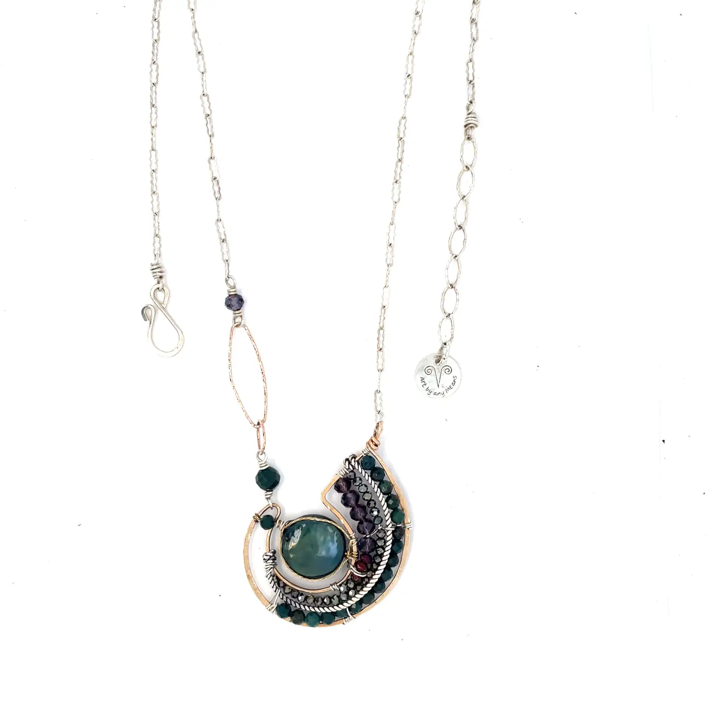 A  hand formed bronze pendant necklace with green fresh water pearl coin, bloodstone faceted gems, crystal, and pyrite on a sterling silver delicate chain with sparkly rose quartz links