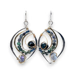 Crystal, emerald, and opal gemstones vein between layers of brass wire inside a sterling silver leaf shaped earring