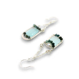 Leaf stamped sterling silver earrings on delicate chain featuring ombre blue tourmaline, fresh water pearl, and chalcedony gemstones