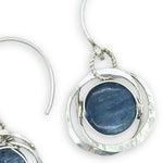 smooth blue kyanite coin gemstone in hammered sterling silver earrings on handmade sterling hoop earring hooks