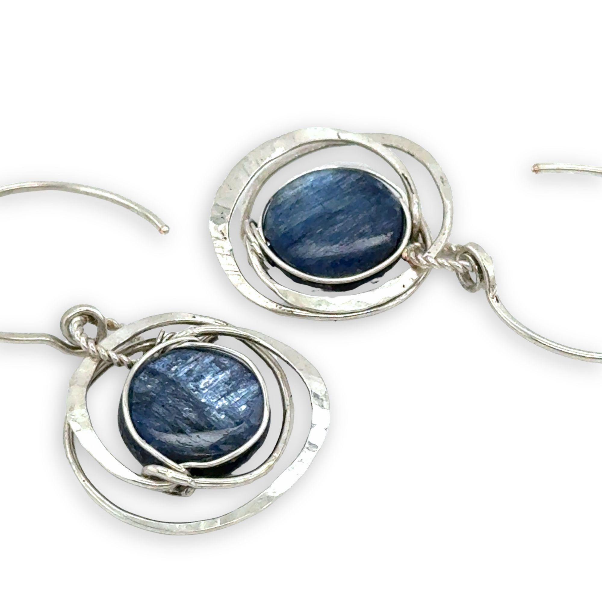 smooth blue kyanite coin gemstone in hammered sterling silver earrings on handmade sterling hoop earring hooks