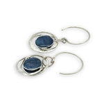 smooth blue kyanite coin gemstone in hammered sterling silver earrings on handmade sterling hoop earring hooks