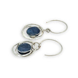 smooth blue kyanite coin gemstone in hammered sterling silver earrings on handmade sterling hoop earring hooks