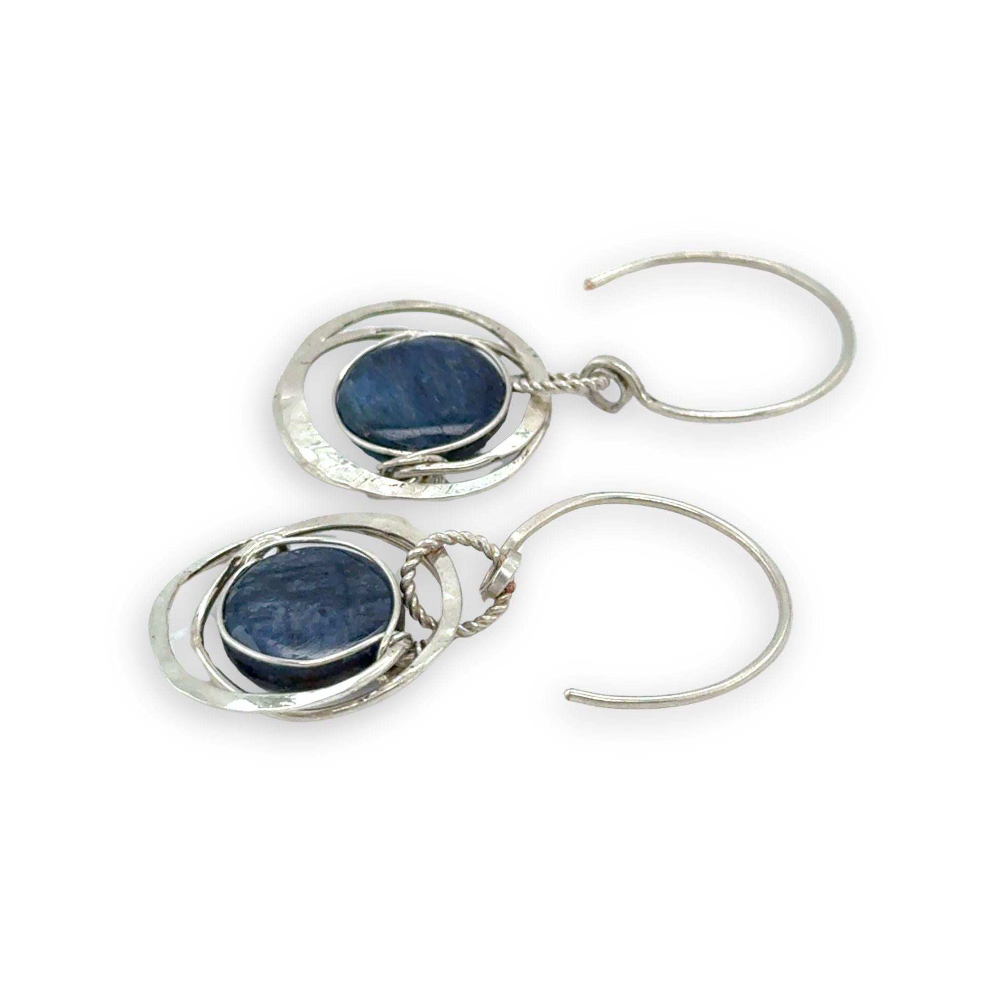 smooth blue kyanite coin gemstone in hammered sterling silver earrings on handmade sterling hoop earring hooks