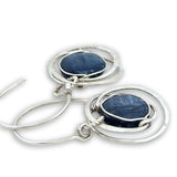 smooth blue kyanite coin gemstone in hammered sterling silver earrings on handmade sterling hoop earring hooks