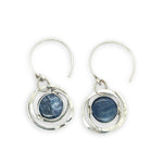 smooth blue kyanite coin gemstone in hammered sterling silver earrings on handmade sterling hoop earring hooks